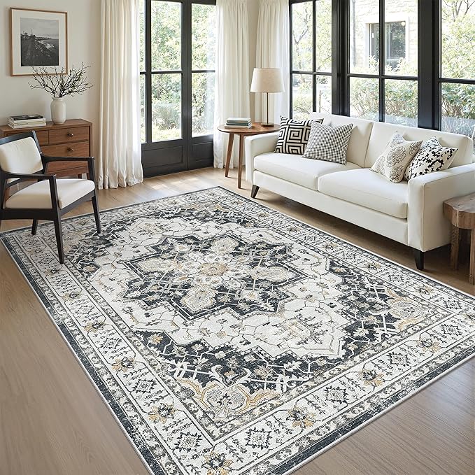 zesthome Washable Rug 6x9 Area Rugs,Stain Resistant Rugs for Living Room,Bedroom,Non-Slip Backing Home Decor Rug, Vintage Medallion Pattern Rugs (Black,6'x9')