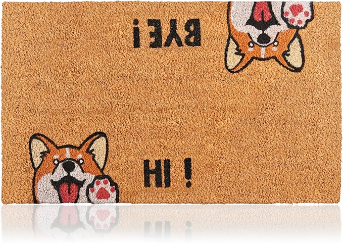 Hi-Bye Dog - 17"x29" - Coir Door Mat with Heavy Duty Backing - Welcome Mats for Entryway, Porch - Anti-Slip PVC & Coconut Fiber Surface - Natural Home Accessories, Minimalist Original Design