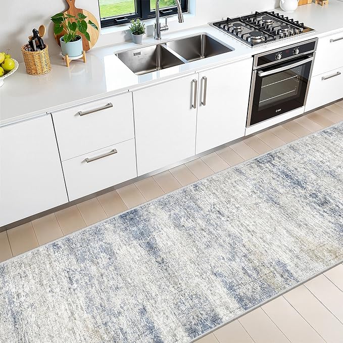 Kitchen Runner Rugs Non Skid Washable - 2.5 x 10 Runner Rug with Anti Slip Backing, Ultra-Thin Soft Rug Runner for Hallway, Bedroom, Living Room (2.5'x10', Blue/Brown/Ivory)