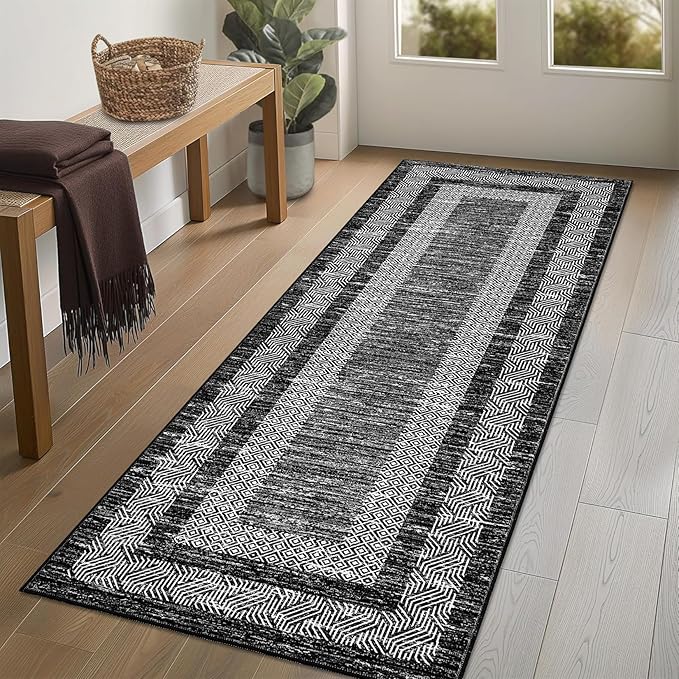 GarveeHome Washable Runner Rug 2x6 Modern Hallway Rug Non Slip Entryway Runner, Geometric Bordered Printed Carpets, Low Pile Thin Foldable Floor Mats, Soft Non Shedding for Kitchen Laundry, Black