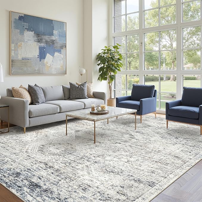 10x14 Area Rugs for Living Room, Non Slip Machine Washable Vintage Rugs, Low Pile Lightweight Large Rug for Bedroom, Dining Room, Home Office Blue Ivory