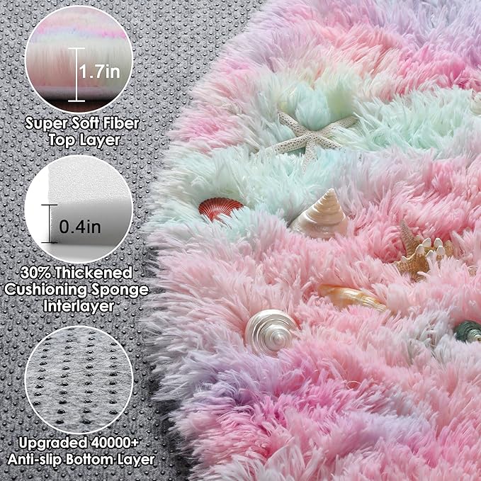 ONASAR Rainbow Round Area Rug 4ft, Soft Bedroom Circle Rugs Mats for Kids Girls Teen Room, Kawaii Fluffy Plush Shaggy Carpet for Baby Nursery Living Room Playroom Home Decor Princess Castle