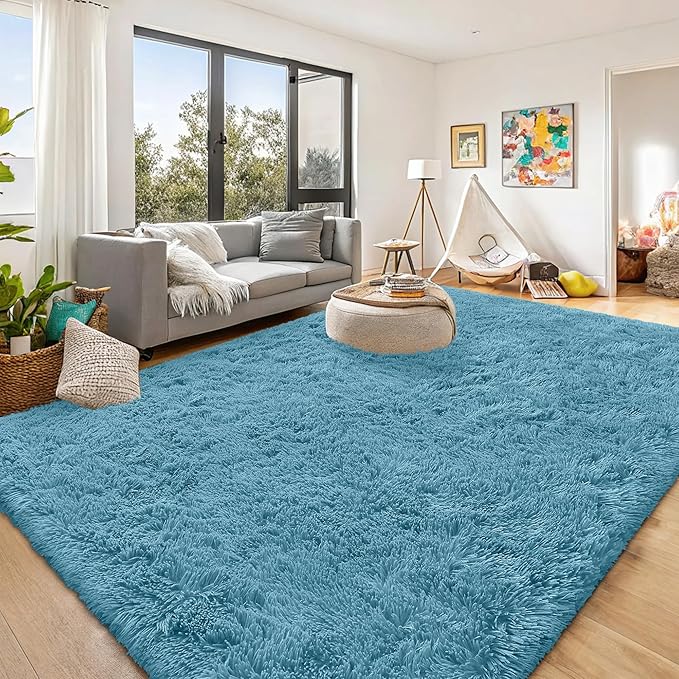 OLANLY 8x10 Machine Washable Large Area Rugs for Living Room, Bedroom, Soft Fluffy Shaggy Bedside Rug, Indoor Floor Carpet for Kids Girls and Boys, Dorms, Nursery, Home Decor Aesthetic, Slate Blue