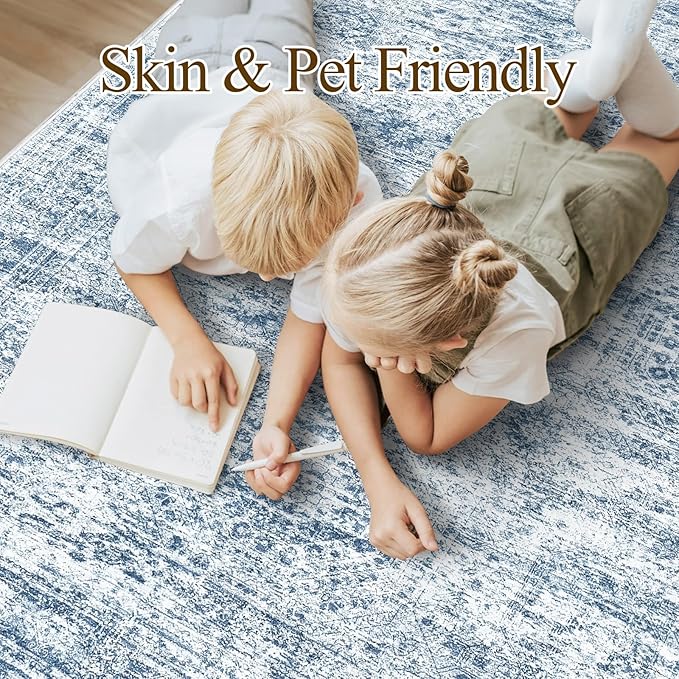 Washable Area Rug 8x10, Large Soft Rugs for Living Room Vintage Blue 8x10 Area Rugs for Bedroom Dining Room Non-Slip Stain Resistant Under Table Rug