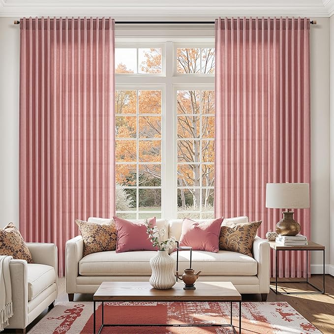 Canyon Rose Linen 112 Inch Curtains for Living Room Light Filtering Semi Sheer Curtain Back Tab Modern Farmhouse Decor Elegant Girl Drapes Floor to Ceiling High Window for Bedroom 52x112, 2 Panels