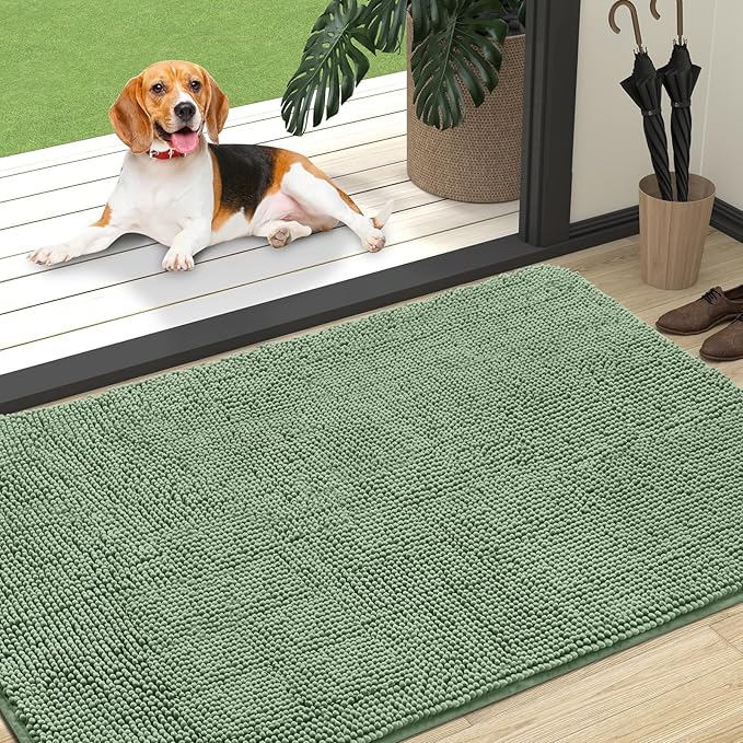 OLANLY Dog Door Mat for Muddy Paws 47x32, Absorbs Moisture and Dirt, Absorbent Non-Slip Washable Doormat, Quick Dry Chenille Mud Mat, Entry Indoor Entryway Carpet for Inside Floor, Olive Green