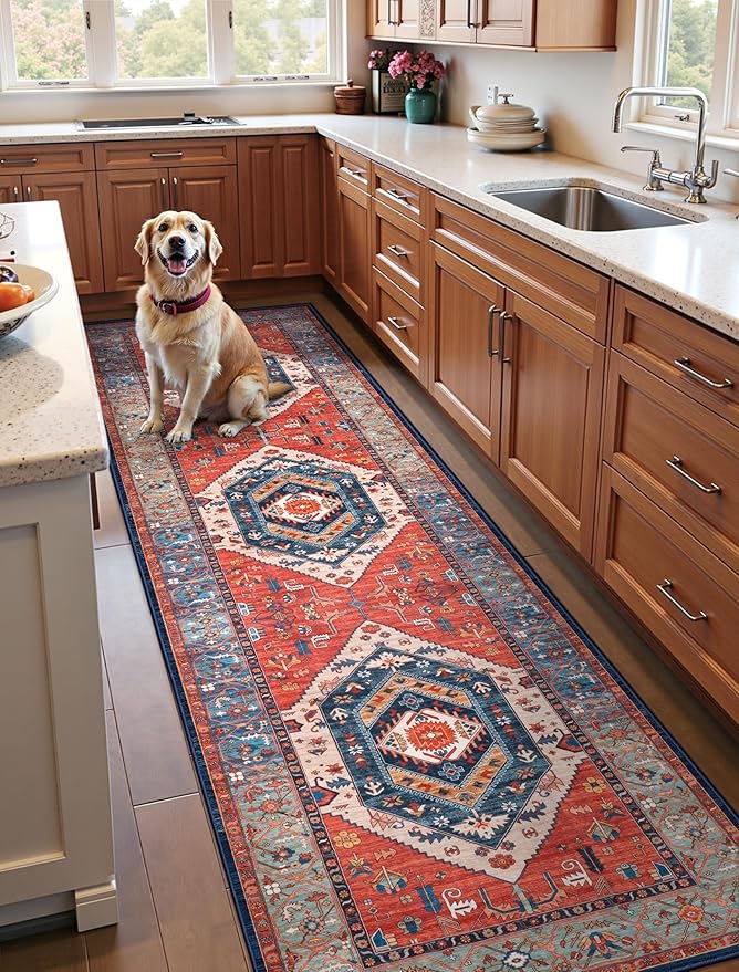 SERISSA Runner Rug for Hallways, 3x10 Washable Non Slip Kitchen Runner Rug, Long Boho Rug Vintage Rust Hallway Stair Ultra Soft Print Floor Carpet for Bedroom Bathroom Laundry Room