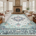 Area Rugs 10'x12' Washable Non-Slip, Floral Vintage Distress Print Pattern Medallion Carpet for Living Room Bedroom Dining Room, Green Navy Blue White Red Teal Colorful
