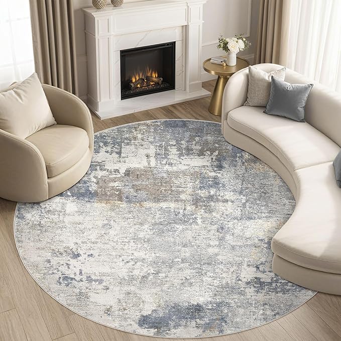 UERMEI 6ft Round Area Rug Living Room Rugs - 6x6 Washable Neutral Modern Abstract Soft Thin Rug Indoor Floor No Slip Rug Carpet for Bedroom Under Dining Table Home Office Decor - Blue Grey