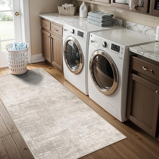Washable 2x5 Kitchen Runner Rug: Abstract Water Resistant Sink Stove Entryway Rug Soft Living Room Bedroom Beside Carpet Thin Low Pile Non-Slip Hallway Bathroom Laundry Room Floor Mat(2X5,Beige/Cream)