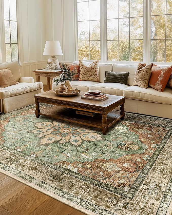 RELEANY Area Rugs 7'x9' Washable Non-Slip, Floral Vintage Distress Print Pattern Medallion Carpet for Living Room Bedroom Dining Room, Brick Red Rust Neutral Brown Burnt Orange Green