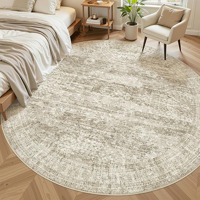 8x8 Brown Round Rug 8ft Living Room Circle Rug Vintage Round Area Rug Non Slip Indoor Carpet for Apartment