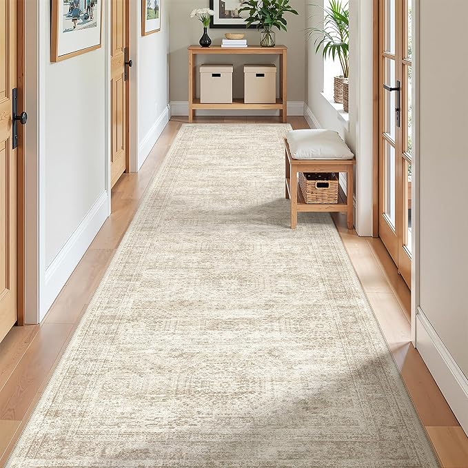 Kitchen Runner Rugs Non Skid Washable - 2.5 x 10 Runner Rug with Anti Slip Backing, Ultra-Thin Soft Rug Runner for Hallway, Bedroom, Living Room (2.5'x10', Beige/Ivory)