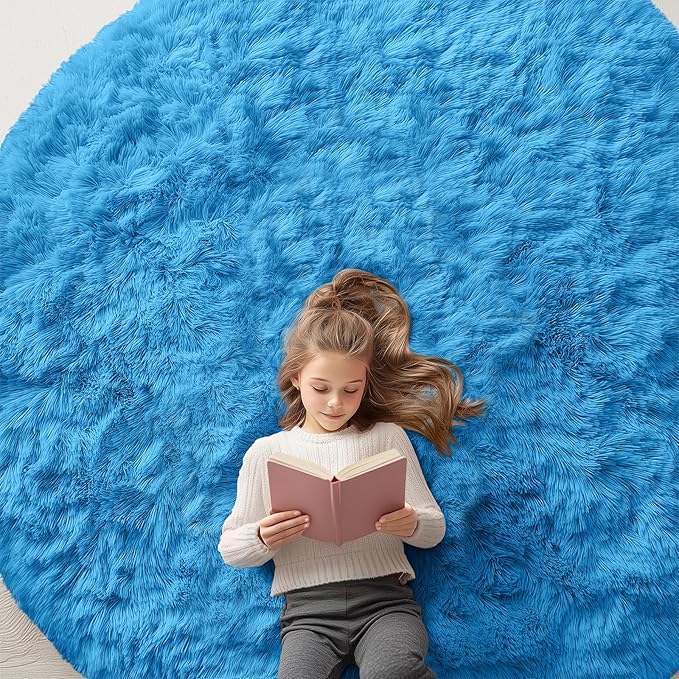 OLANLY Bright Blue Round Rugs for Bedroom - Machine Washable, 7 ft Circle Area Rugs for Living Room, Soft and Fluffy Shaggy Carpet for Teen Girl and Boys, Nursery Rooms, Dorms, Home Decor Aesthetic