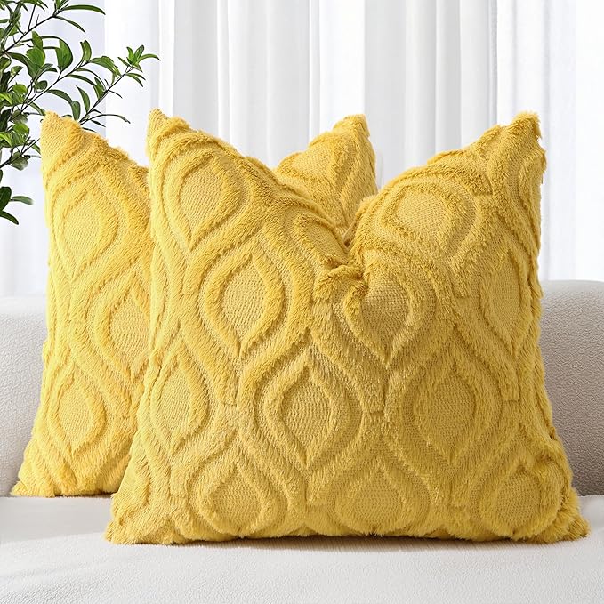 decorUhome Summer Throw Pillow Covers 22x22 Inch Set of 2, Soft Plush Faux Wool Mustard Yellow Solid Couch Pillow Covers, Accent Euro Sham Farmhouse Square Pillow Cases for Sofa Bed Living Room
