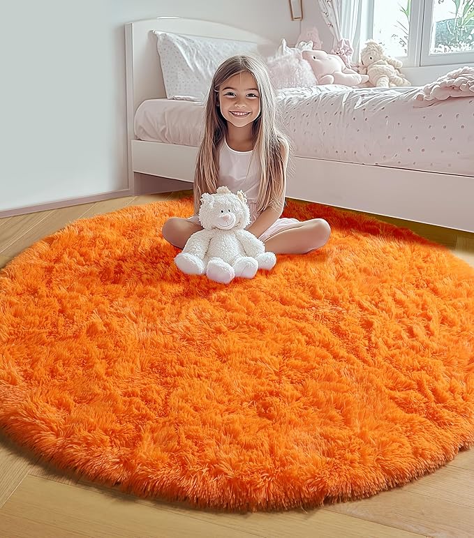 ONASAR Orange Round Rugs 5ft for Bedroom Living Room, Fluffy Circle Area Rug for Kids Girls Boys Teen, Soft Plush Shaggy Carpet for Nursery Dorm Classroom Playroom Home Decor Aesthetic