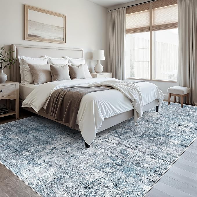 Washable Area Rug 8x12, Large Soft Rugs for Living Room Vintage Blue/Grey Carpet 8x12 Area Rugs for Bedroom Dining Room Non-Slip Stain Resistant Under Table Rug