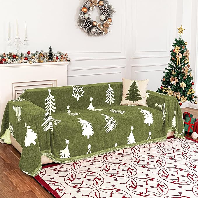 MYSKY HOME 71"X102" Chair Christmas Couch Cover, Sectional Sofa Covers Sofa Slipcover for 1 Cushion Couch, L Shape Couch Covers for Dogs, Kids, Washable Sofa Blanket, Furniture Protector, Green