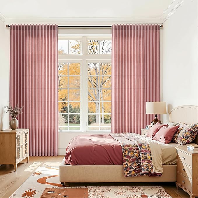 Canyon Rose Linen 112 Inch Curtains for Living Room Light Filtering Semi Sheer Curtain Back Tab Modern Farmhouse Decor Elegant Girl Drapes Floor to Ceiling High Window for Bedroom 52x112, 2 Panels