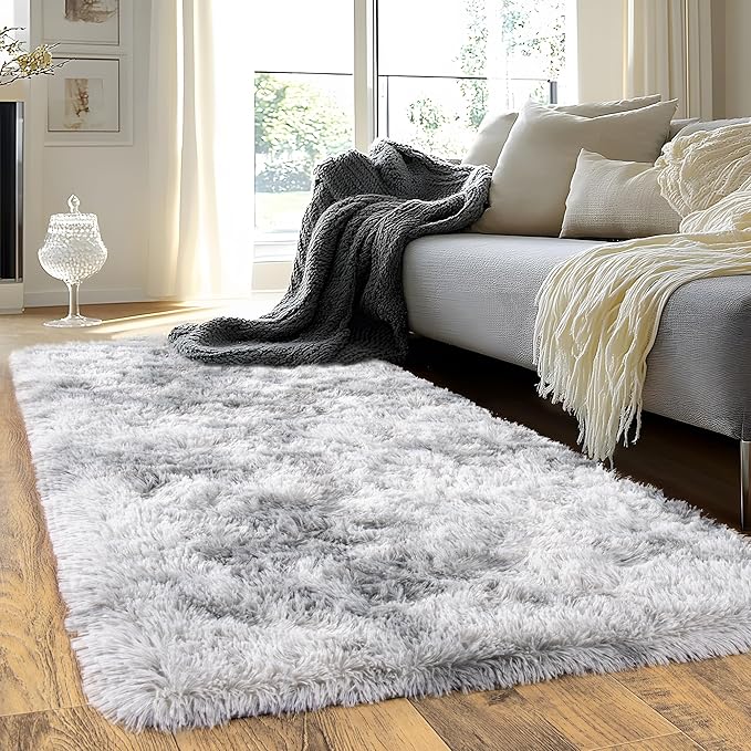 Runner Rugs for Bedroom 2x6 Rug Runners for Hallways Non Slip Soft Shag Bedside Rug, Fluffy Area Rug Throw Rugs for Living Room, Floor Carpet Runner for Nursery Kids Dorm, Light Grey
