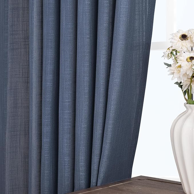 Navy Blue Curtains 90 inch Length for Bedroom Back Tab Light Filtering Semi Sheer Blue Living Room Curtains Linen Cotton Textured Indigo Blue Drapery Panel Modern Aesthetic Decor 60" Wx90 L