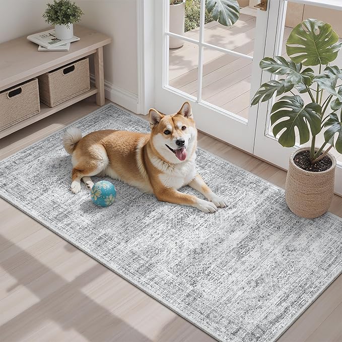 2x4 Washable Rugs for Kitchen, Floor, Entryway, Powder Room Small Area Rug Non-Slip Vintage Low Pile Throw Door Mat Grey