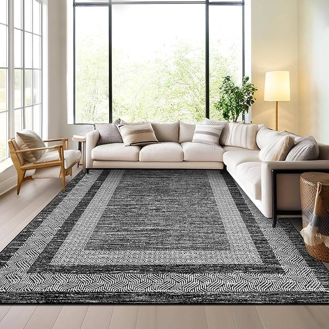 GarveeHome Washable Rug 5x7 Modern Bordered Rug with Non Slip Rubber Backing, Low Pile Thin Carpet, Soft Non Shedding Floor Covering, Foldable Printed Carpet for Living Room Bedroom, Black