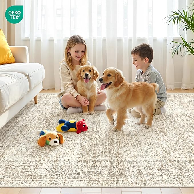 6x9 Rug for Living Room,Soft Low Pile Indoor Washable Rugs for Bedroom, Non-Slip Backing Vintage Large Area Rug, Printed Abstract Carpet(6'x9', Beige/Ivory)