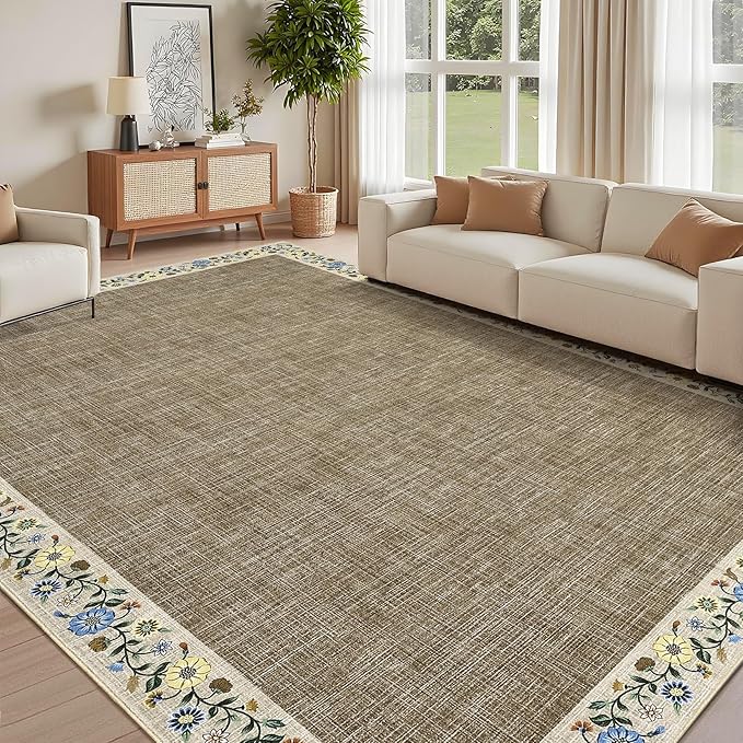 GarveeHome Washable Living Room Rug 9x12 Floral Bordered Area Rugs Soft Thin Indoor Carpet for Bedroom Modern Throw Aesthetic Mat Non Slip Stain Resistant Carpet for Dining Room Office, Dark Camel