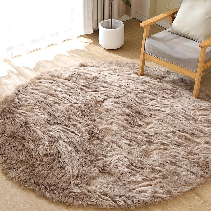 ORINOVA Beige Round Rugs 6ft Fuzzy Faux Sheepskin Washable Fluffy Fur Area Rugs for Bedroom Large Circle Nursery Living Room Shag Rug