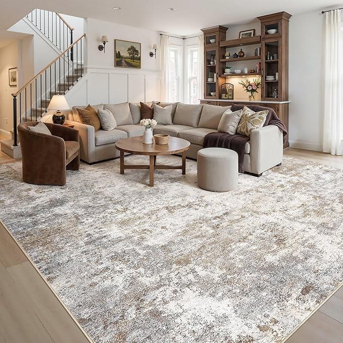 UERMEI 12x15 Area Rug Living Room Rugs - Washable Neutral Modern Abstract Soft Thin Large Rug Indoor Floor No Slip Rug Carpet for Bedroom Under Dining Table Home Office Decor - Brown Grey