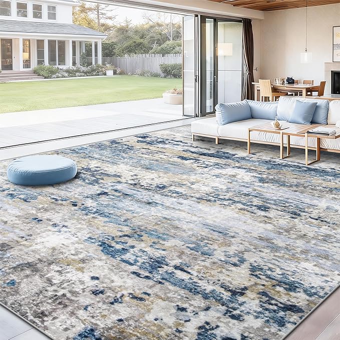Area Rugs 10x14 Living Room: Washable Rug Modern Abstract Neutral Soft Non-Slip Low-Pile Indoor Large Carpet for Bedroom Dining Room Playroom Home Office (Blue Grey Brown, 10'x14')