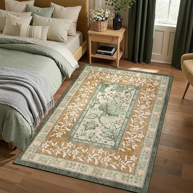 GarveeHome Terracotta Olive Sage Green Washable 5x7 Area Rugs, Botanical Grove Vintage Cottage core Non-Slip Rug for Bedroom Living Room Nursery Kitchen Low-Pile Retro Carpet