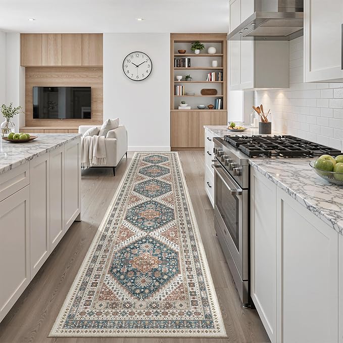 Madane Hallway Runner Rug 2'6''x14' Kitchen Runner, Non Slip Vintage Runners for Hallways Washable Kitchen Rugs Soft Low Pile 2.5x14 ft Rug Runner for Laundry Room, Entryway and Bedroom, Navy Blue