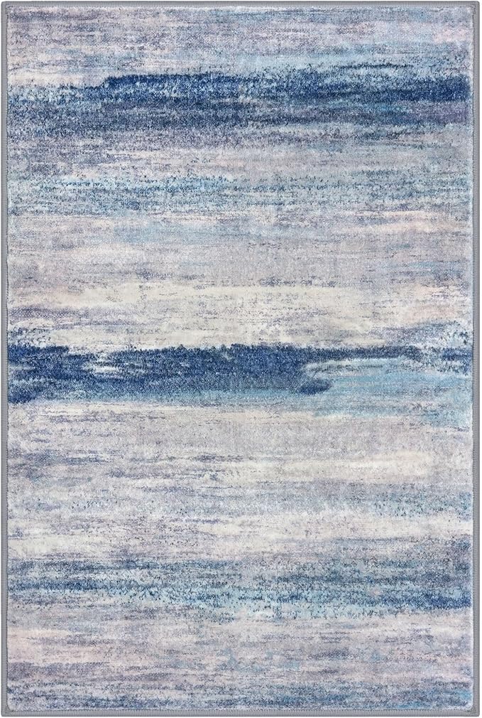 KOZYFLY 4x6 Area Rug Modern Abstract Washable Large Rugs for Entryway Non-Slip Soft Living Room Rug, Print Blue/Grey/Beige Throw Rugs Indoor Mat for High-Traffic Door Entrance, Nursery, Bedroom