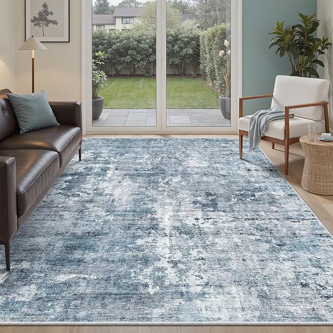 Abstract Rug 5x7 Machine Washable Area Indoor Blue Low Pile Non-Slip Foldable Thin Accent Rugs for Bedroom Living Room Dining Room