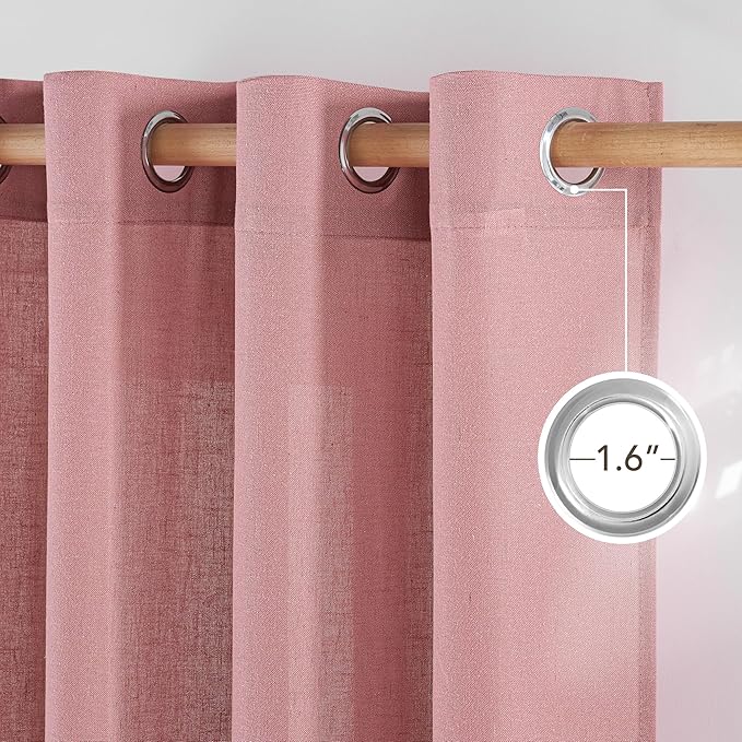 NICETOWN Thick Linen Pink Curtains for Girls Room 96 inches Long, Grommet Flax Linen Privacy Added with Light Filtering Window Treatments for Bedroom, W55 x L96, 2 Panels