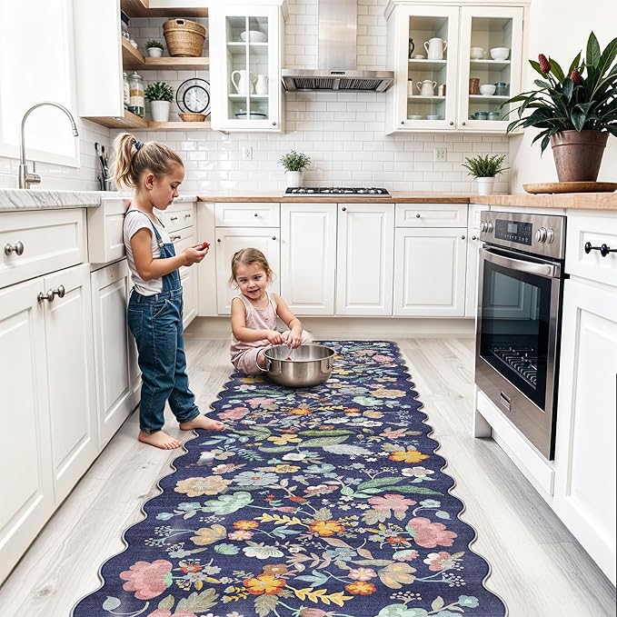 Washable Non-Slip Runner Rug 2x8: Water-Resistant Floral Kitchen Rug Indoor Low Pile Floor Mat for Living Room Bedroom Dining Room Ultra Soft Stain-Resistant Carpet for Pets Kids Family(2x8,Purple)