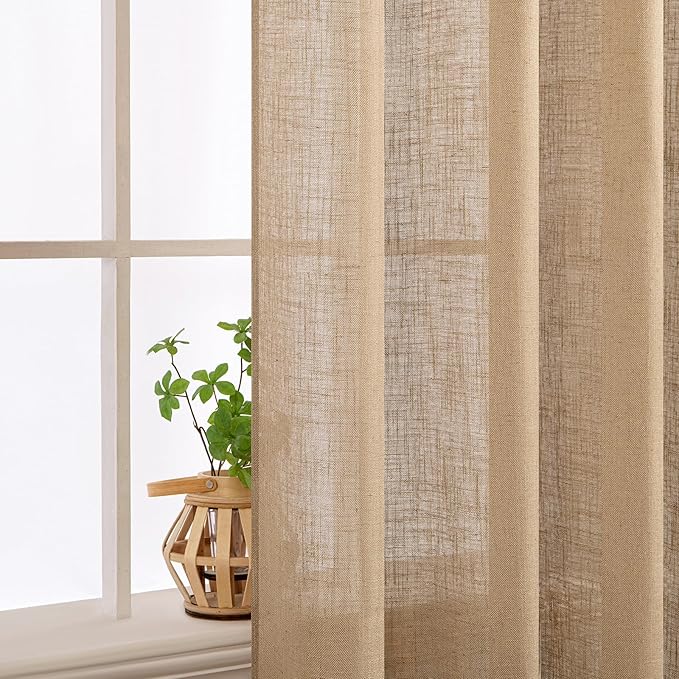 MIULEE Brown Linen Curtains 108 Inches Long for Bedroom Living Room, Soft Thick Linen Textured Window Drapes Semi Sheer Light Filtering Back Tab Rod Pocket Burlap Look Country Decor, 2 Panels