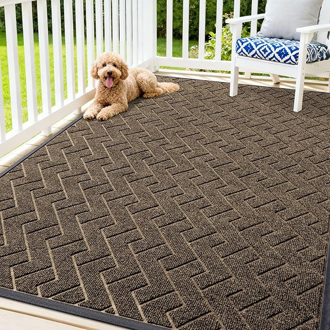 OLANLY Front Door Mat Indoor Outdoor Entrance, Waterproof All-Season, All-Weather Doormat, Sturdy Natural Rubber, Low Profile, Easy Clean Patio Porch Entryway Mat, Herringbone Brick (Brown, 71x47)