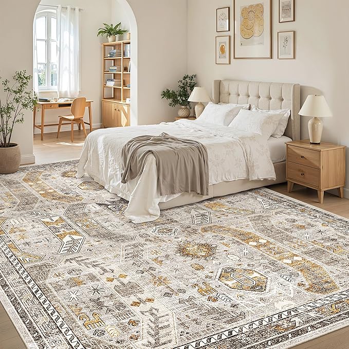Madane Washable Rug 8x10 Area Rugs for Living Room, Ultra-Thin Non-Slip Backing Rug, Stain Resistant Vintage Large Area Rug for Bedroom (Brown/Gold, 8'x10')