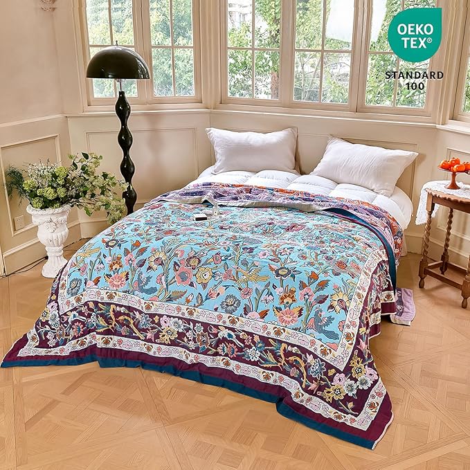 MSGKV Boho Throw Blanket for Bed 60"x80" 100% Cotton Couch Twin Size Floral Bird Blanket Spring Breathable Lightweigh Muslin Home Decorative Blankets