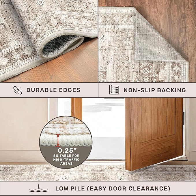 Hazo Haus Non Slip Hallway Runner Rug - 2 x 10 Runner Rug, Washable & Waterproof Kitchen Floor Mat - Extra Long Neutral Farmhouse Boho Design Décor (2x10 Beige/Latte)