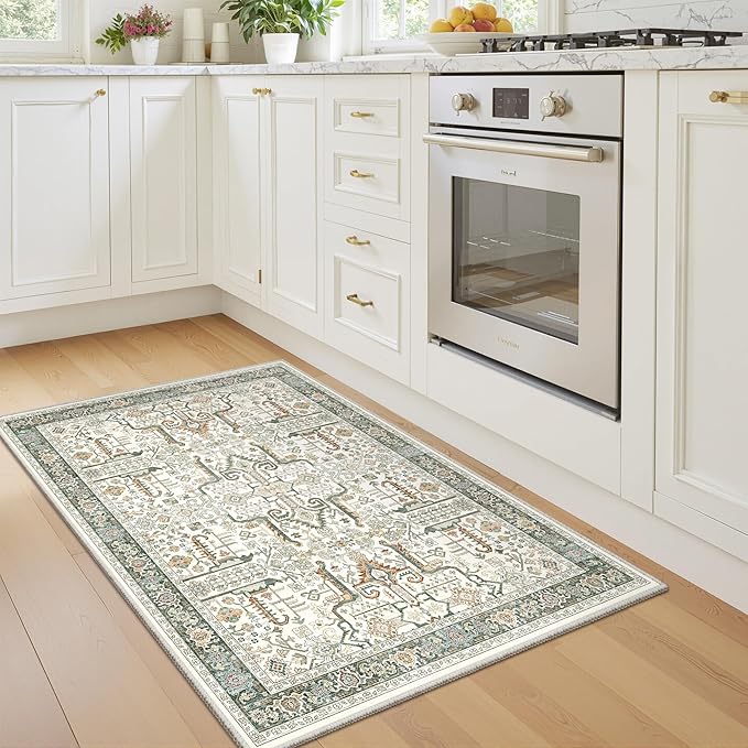 Washable 2x3 Entryway Area Rug - Small Non Slip Vintage Kitchen Runner Rugs Indoor Entrance Soft Neutral Stain Resistant Bathroom Mat Farmhouse Carpet for Bedroom Living Room Entry Laundry 2'x3' Green