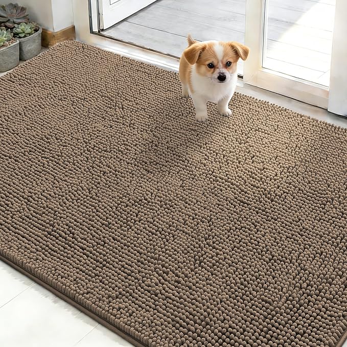 OLANLY Dog Door Mat for Muddy Paws 50x30, Absorbs Moisture and Dirt, Absorbent Non-Slip Washable Doormat, Quick Dry Chenille Mud Mat for Dogs, Entry Indoor Entryway Carpet for Inside Floor, Tan