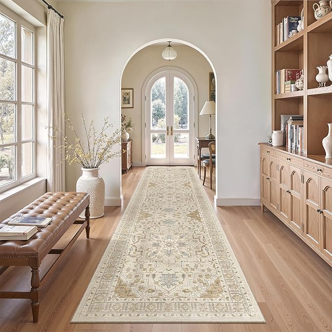 Madane Hallway Runner Rug 2'6''x10' Kitchen Runner, Non Slip Vintage Runners for Hallways 10ft Washable Kitchen Rugs Soft Low Pile 2.5x10 ft Rug Runner for Entryway and Bedroom, Beige/Blue