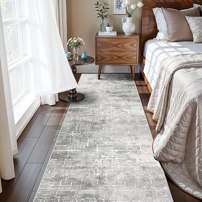Washable 2x10 Kitchen Runner Rug: Abstract Farmhouse Bathroom Entryway Rug Soft Stain-Resistant Hallway Floor Mat Non-Slip Indoor Non-Shedding Carpet for Nursery Living Room Bedroom (2x10,Light/Grey)
