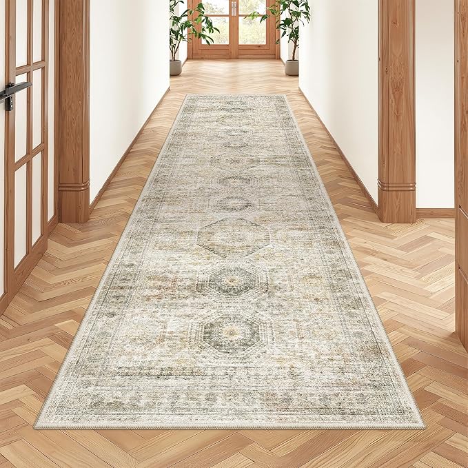 Rug Runners for Hallways Non Slip - 2x8 Runner Rug for Bedroom, Washable Runner with Rubber Backing, Soft Low-Pile Carpet for Kitchen, Laundry, Bathroom (2'x8', Grey/Yellow)