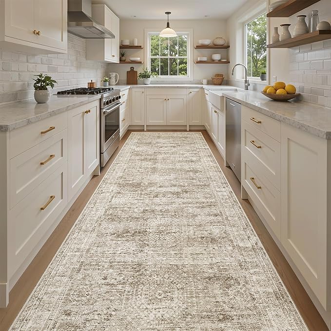 4x12 Wide Hallway Runners: Washable 12ft Runner Rug for Entryway Living Room Soft Vintage Non Slip Carpet Runner for Kitchen Dining Room Nursery Bedroom (Brown, 4x12ft)