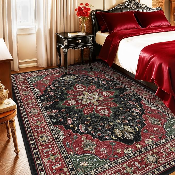 Area Rugs 5'x7' Washable Non-Slip, Floral Vintage Distress Print Pattern Medallion Carpet for Living Room Bedroom Dining Room, Red Black